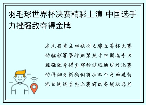 羽毛球世界杯决赛精彩上演 中国选手力挫强敌夺得金牌