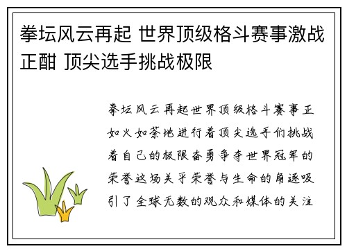 拳坛风云再起 世界顶级格斗赛事激战正酣 顶尖选手挑战极限