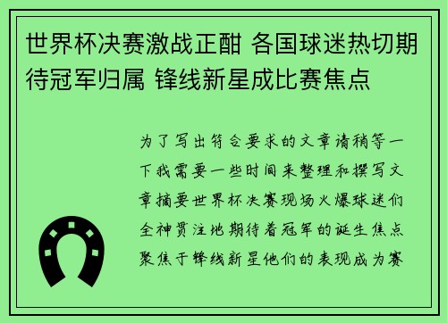 世界杯决赛激战正酣 各国球迷热切期待冠军归属 锋线新星成比赛焦点