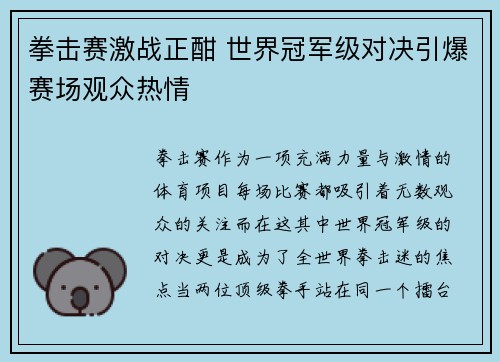拳击赛激战正酣 世界冠军级对决引爆赛场观众热情