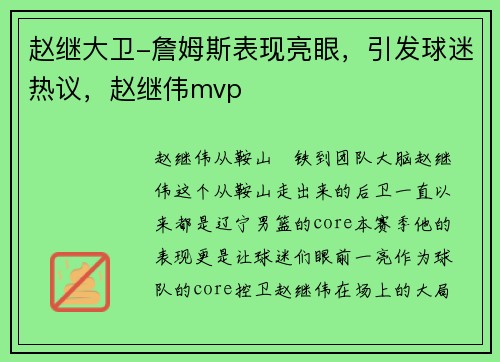 赵继大卫-詹姆斯表现亮眼，引发球迷热议，赵继伟mvp